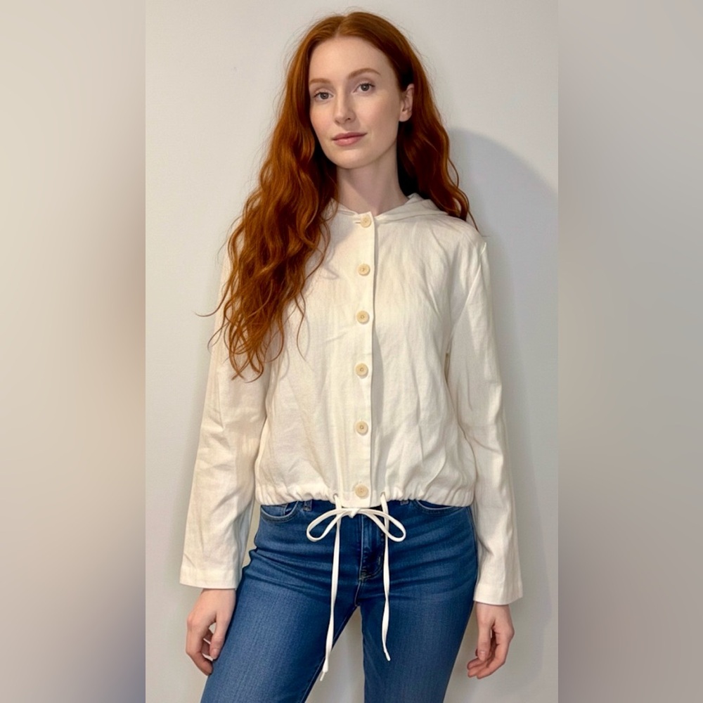 BLOOMINGDALES Vintage Cream Linen Button Hooded Drawstring Shirt Jacket Medium